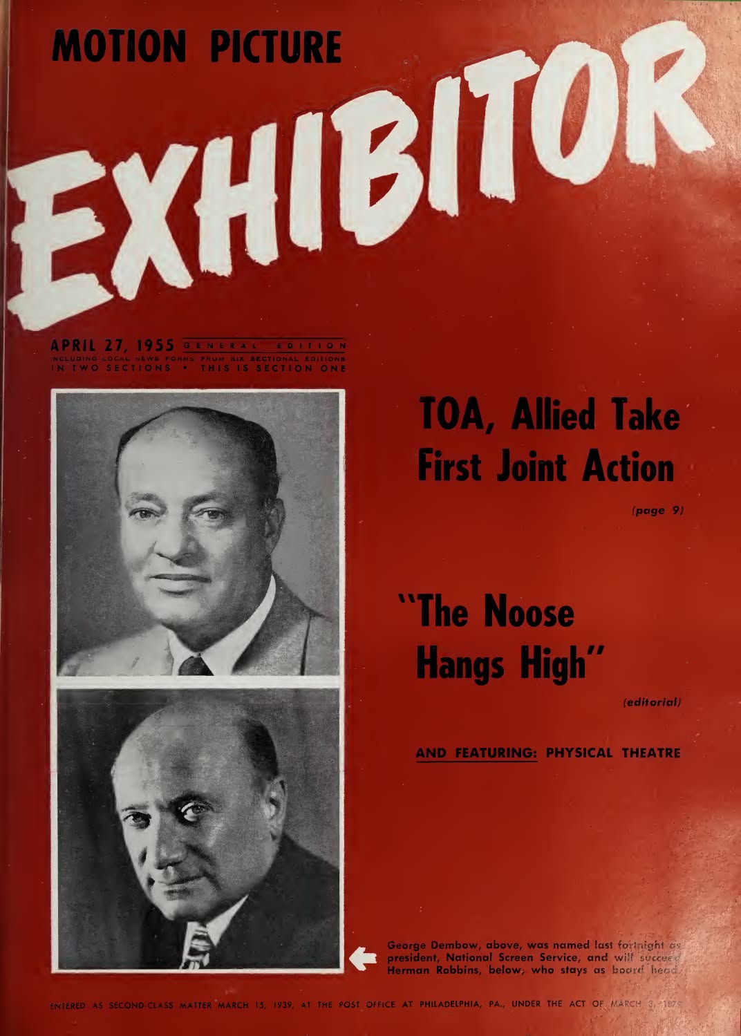 MOTION PICTURE EXHIBITOR magazine side cover 27 April 1955