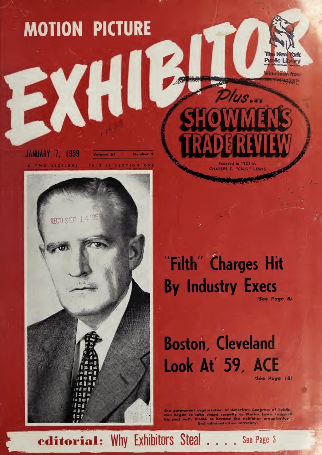 MOTION PICTURE EXHIBITOR magazine side cover 7 January 1959