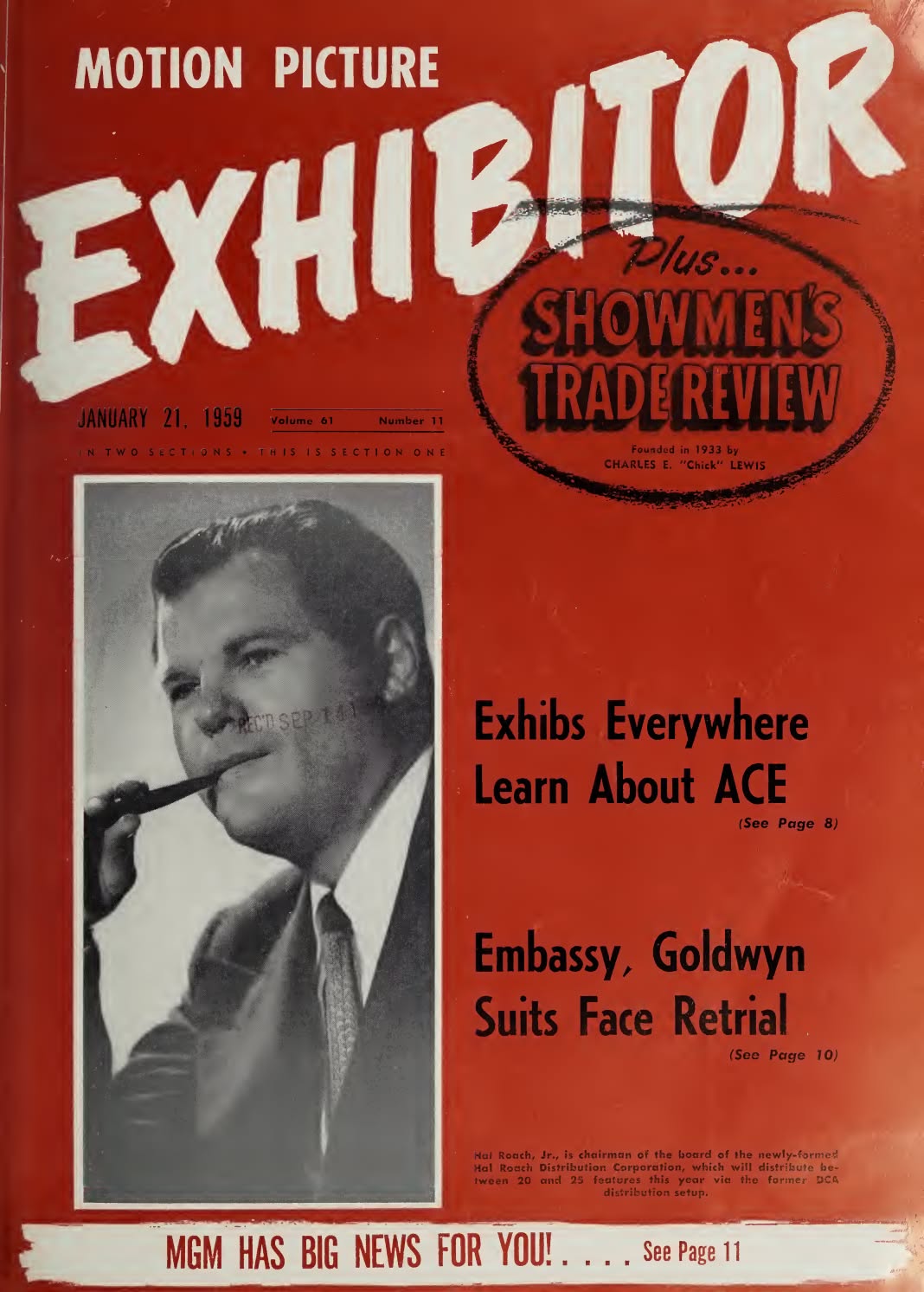 MOTION PICTURE EXHIBITOR magazine side cover 21 January 1959