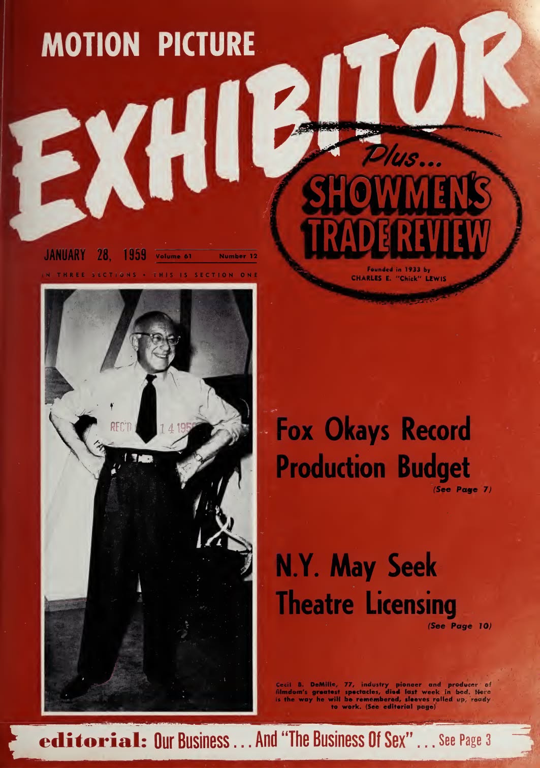 MOTION PICTURE EXHIBITOR magazine side cover 28 January 1959