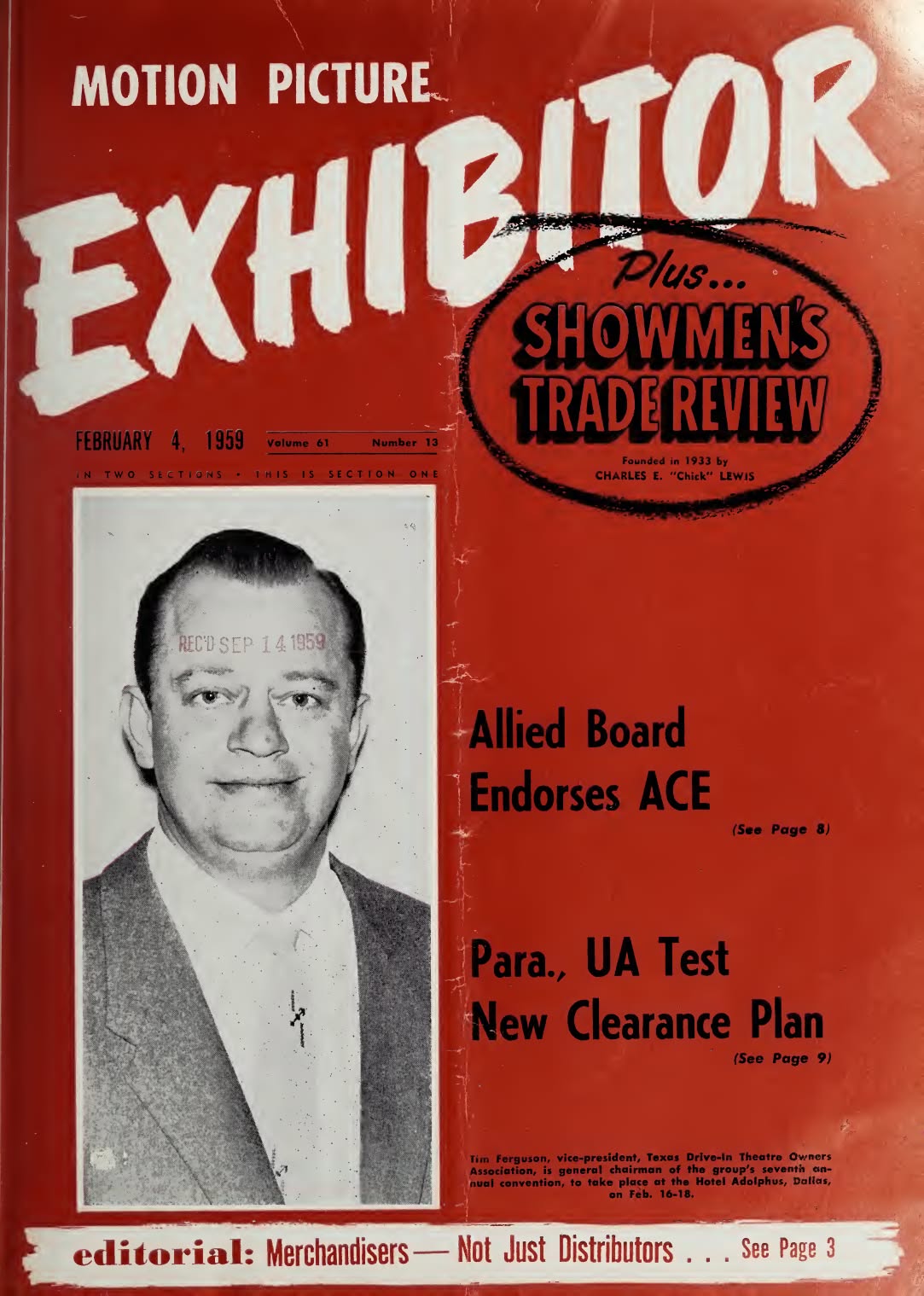 MOTION PICTURE EXHIBITOR magazine side cover 5 February 1959