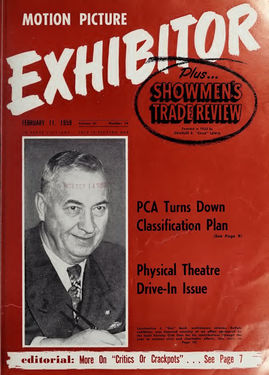 MOTION PICTURE EXHIBITOR magazine side cover 11 February 1959