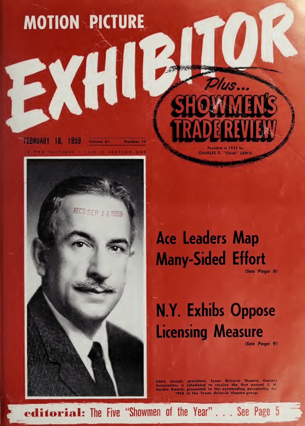MOTION PICTURE EXHIBITOR magazine side cover 18 February 1959
