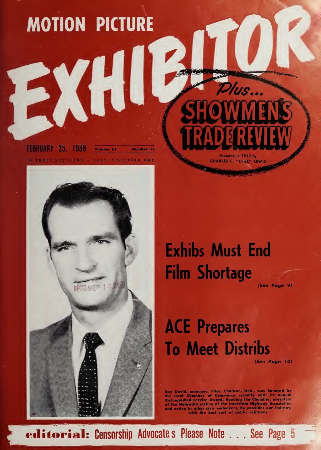 MOTION PICTURE EXHIBITOR magazine side cover 25 February 1959