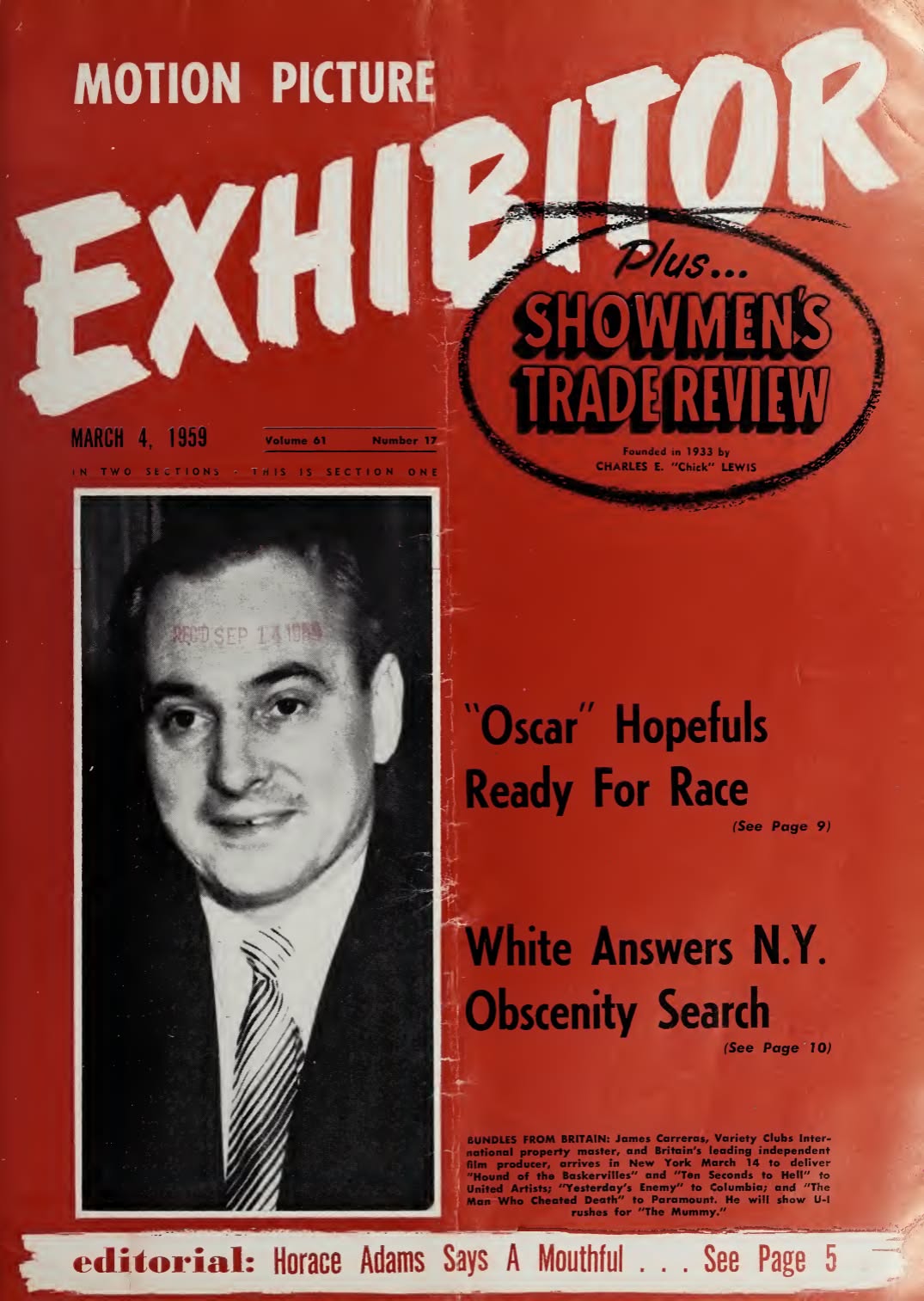 MOTION PICTURE EXHIBITOR magazine side cover 4 March 1959