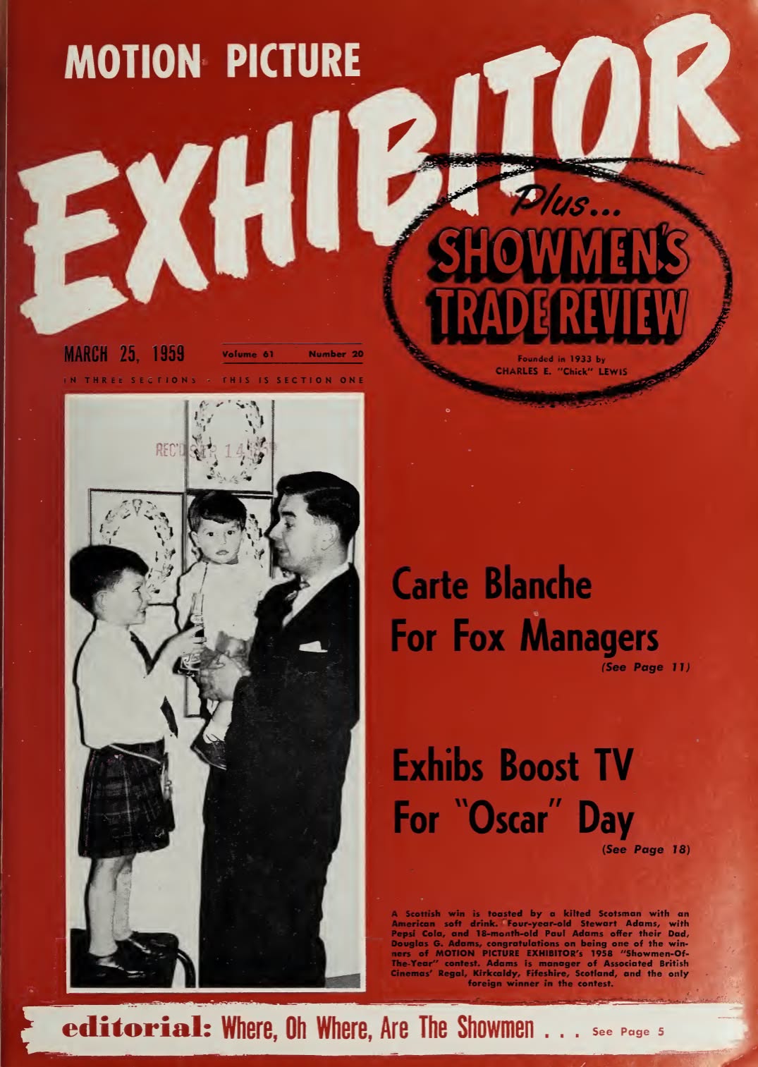 MOTION PICTURE EXHIBITOR magazine side cover 25 March 1959