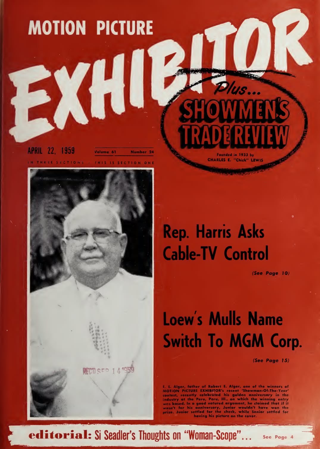 MOTION PICTURE EXHIBITOR magazine side cover 22 April 1959