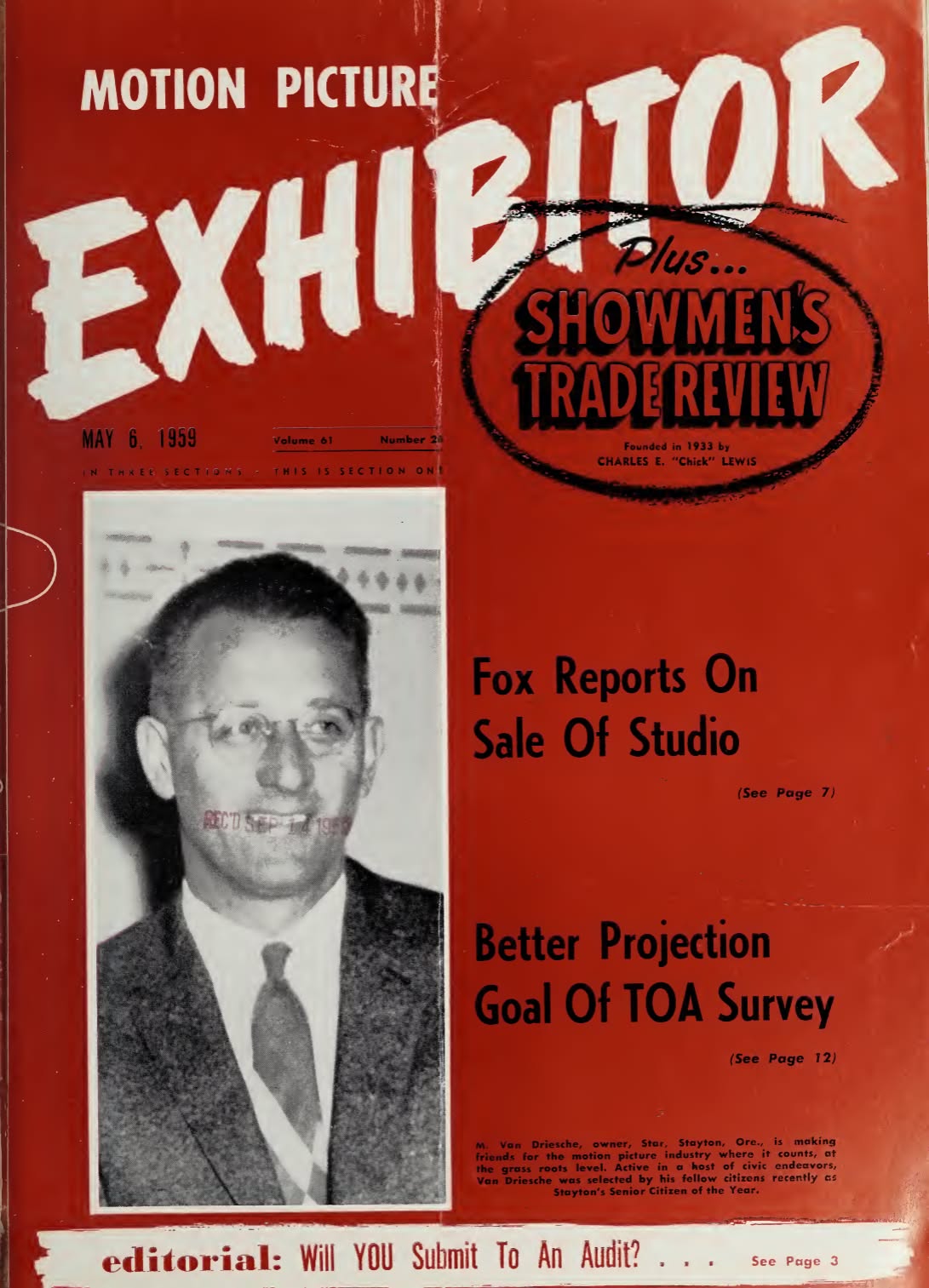 MOTION PICTURE EXHIBITOR magazine side cover 6 May 1959