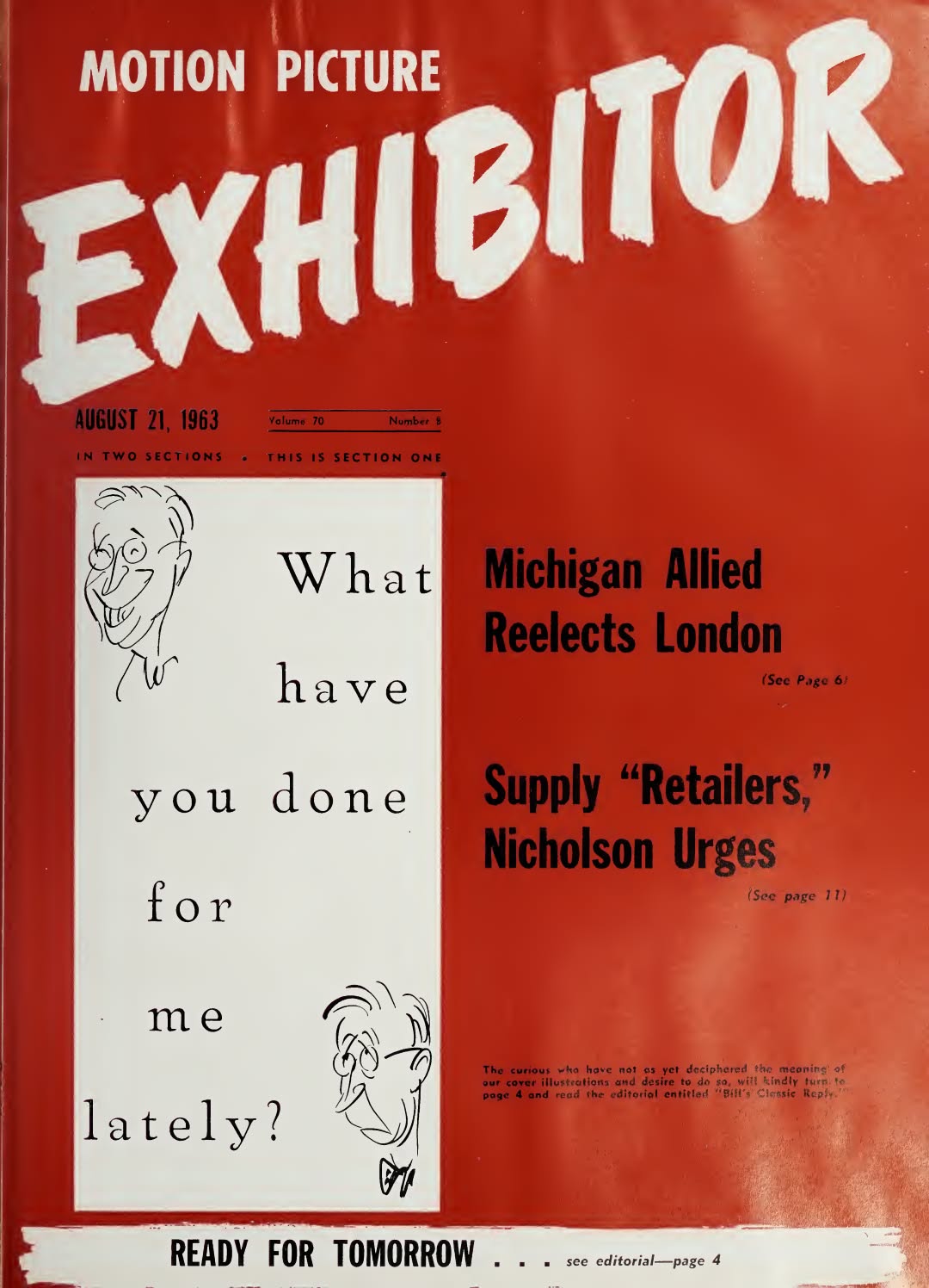 MOTION PICTURE EXHIBITOR magazine side cover 21 August 1963