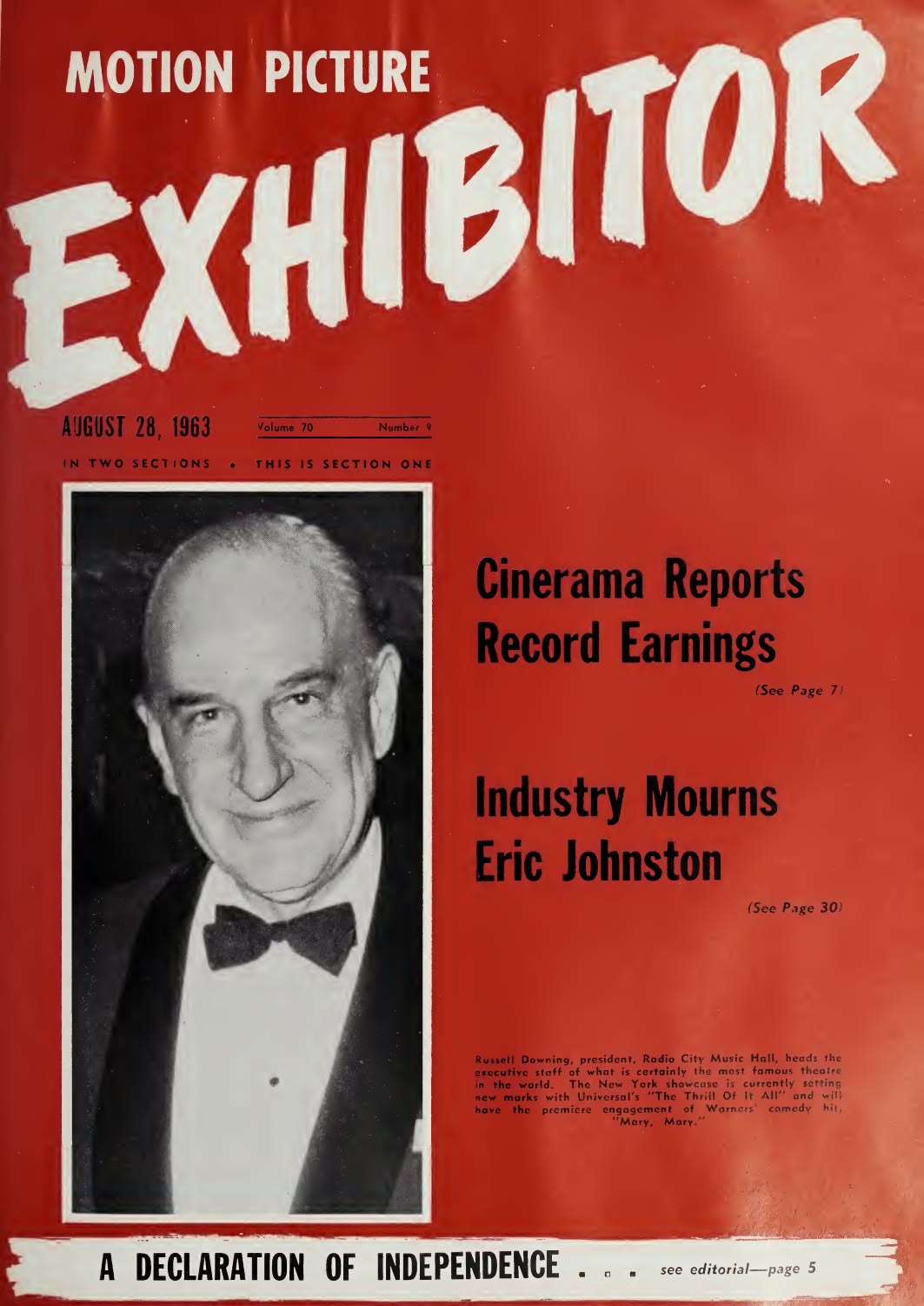 MOTION PICTURE EXHIBITOR magazine side cover 28 August 1963
