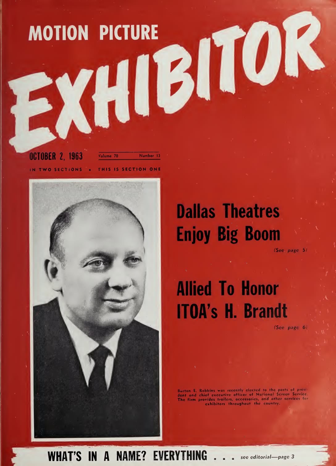 MOTION PICTURE EXHIBITOR magazine side cover 2 October 1963