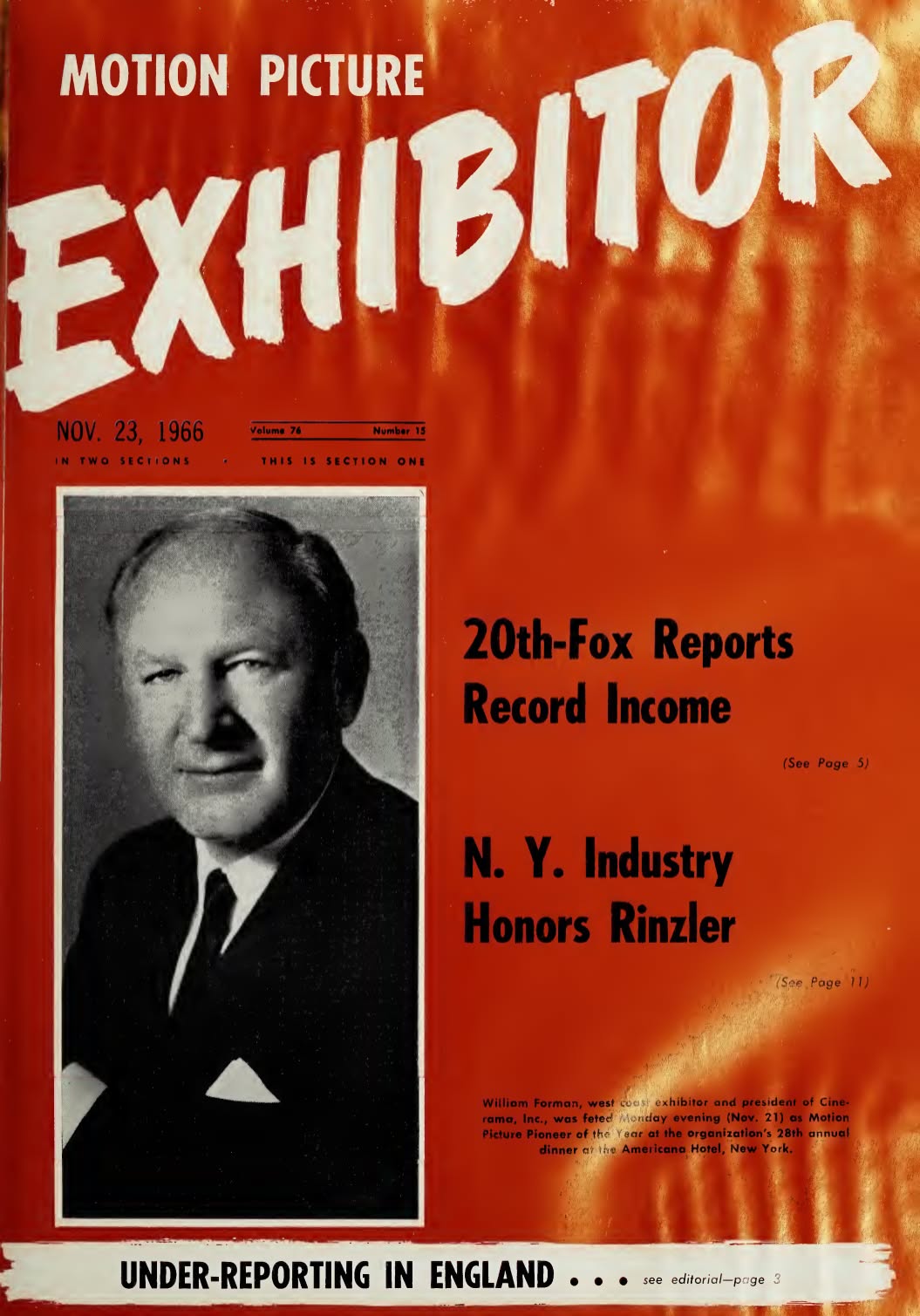 MOTION PICTURE EXHIBITOR magazine side cover 23 November 1966