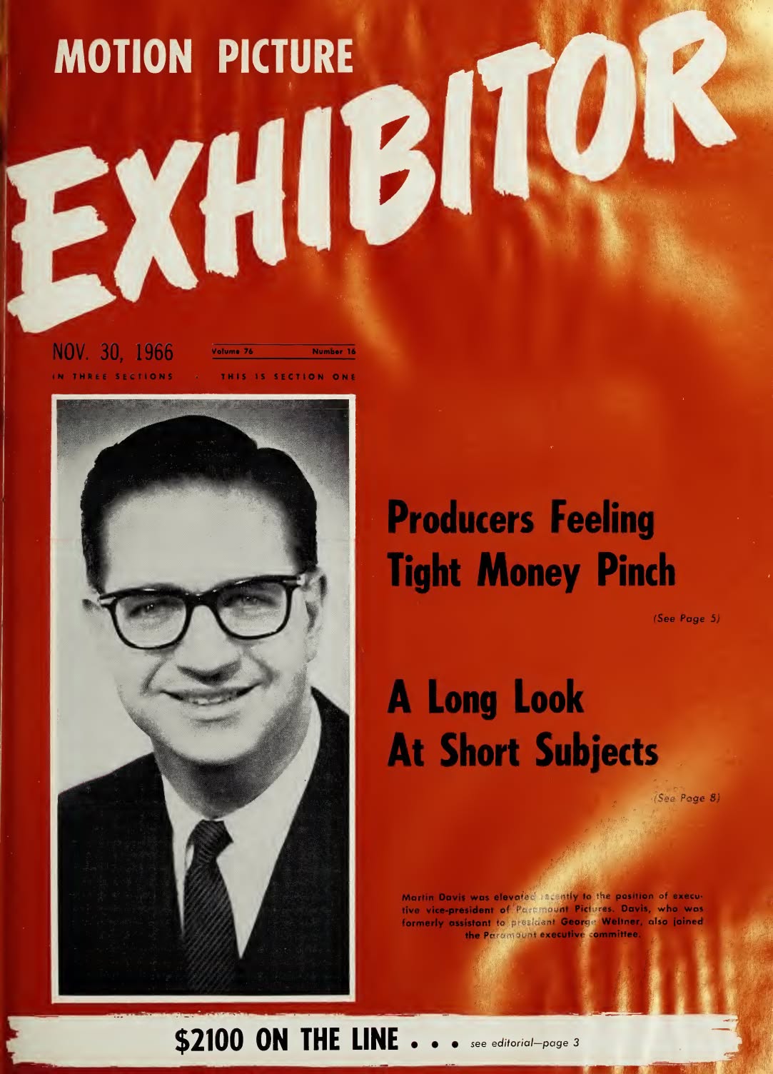 MOTION PICTURE EXHIBITOR magazine side cover 30 November 1966
