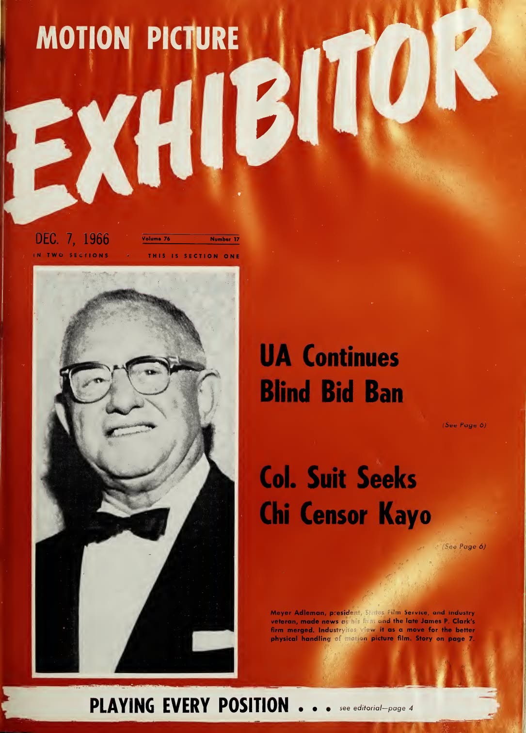 MOTION PICTURE EXHIBITOR magazine side cover 7 December 1966