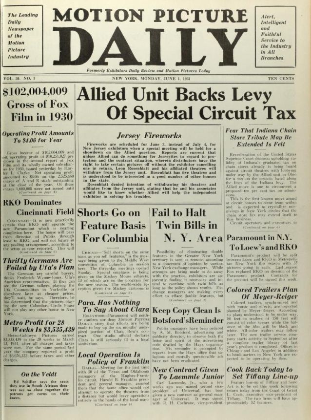 MOTION PICTURE DAILY magazine side cover 1 June 1931