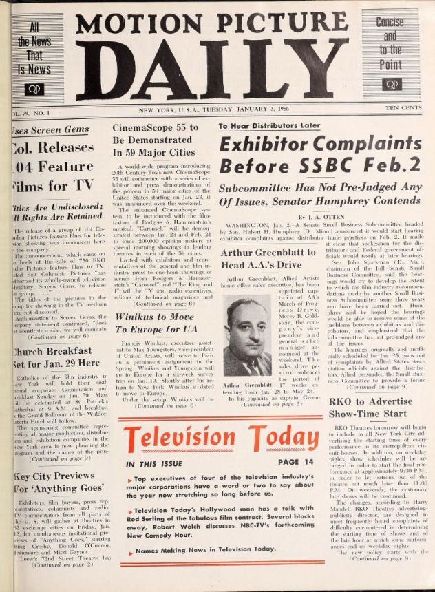 MOTION PICTURE DAILY magazine side cover 3 January 1956
