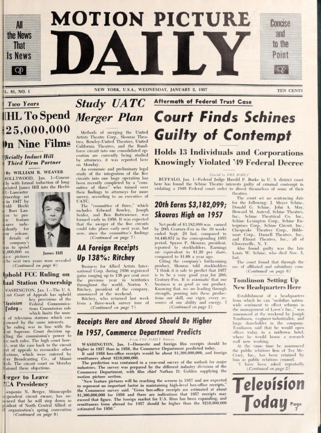 MOTION PICTURE DAILY magazine side cover 2 January 1957
