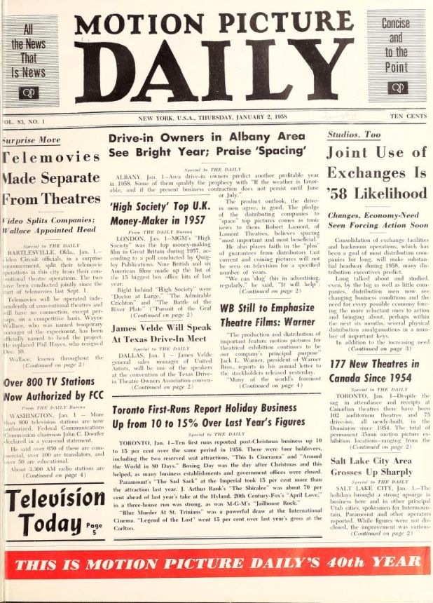 MOTION PICTURE DAILY magazine side cover 2 January 1958