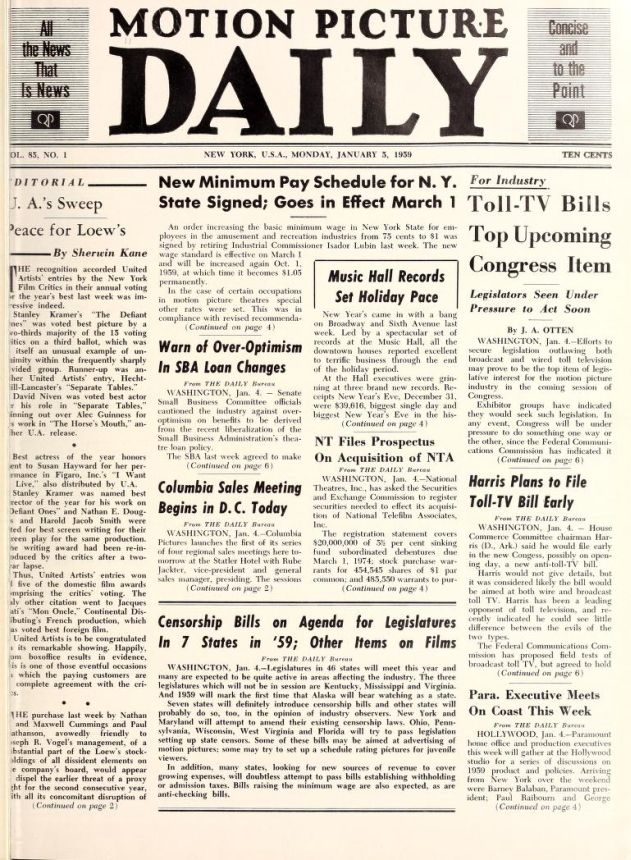 MOTION PICTURE DAILY magazine side cover 3 January 1959