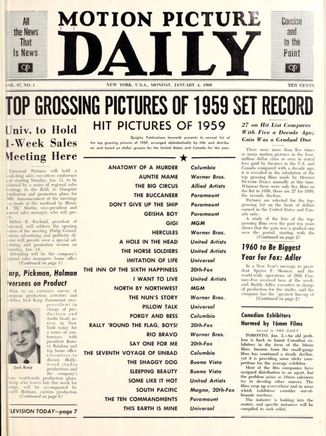 MOTION PICTURE DAILY magazine side cover 1 January 1960