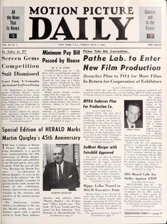 MOTION PICTURE DAILY magazine side cover 1 July 1960
