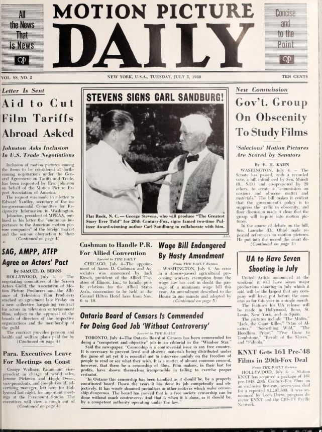 MOTION PICTURE DAILY magazine side cover 3 July 1960