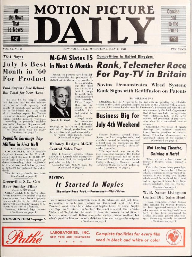 MOTION PICTURE DAILY magazine side cover 6 July 1960