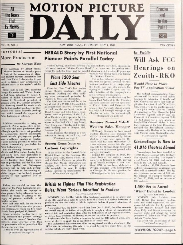 MOTION PICTURE DAILY magazine side cover 7 July 1960