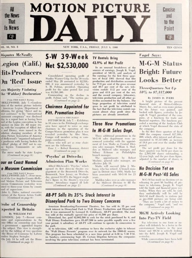 MOTION PICTURE DAILY magazine side cover 8 July 1960