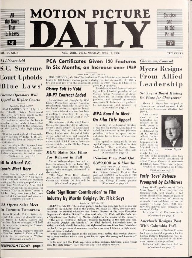 MOTION PICTURE DAILY magazine side cover 11 July 1960