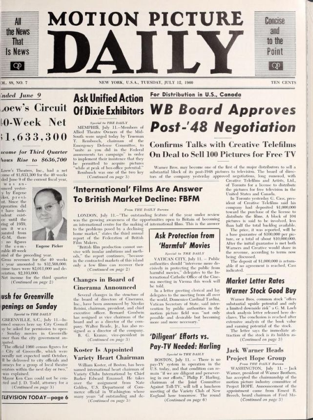 MOTION PICTURE DAILY magazine side cover 12 July 1960