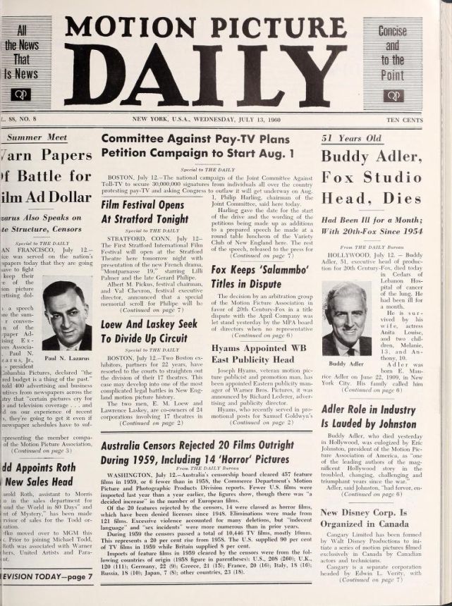 MOTION PICTURE DAILY magazine side cover 13 July 1960