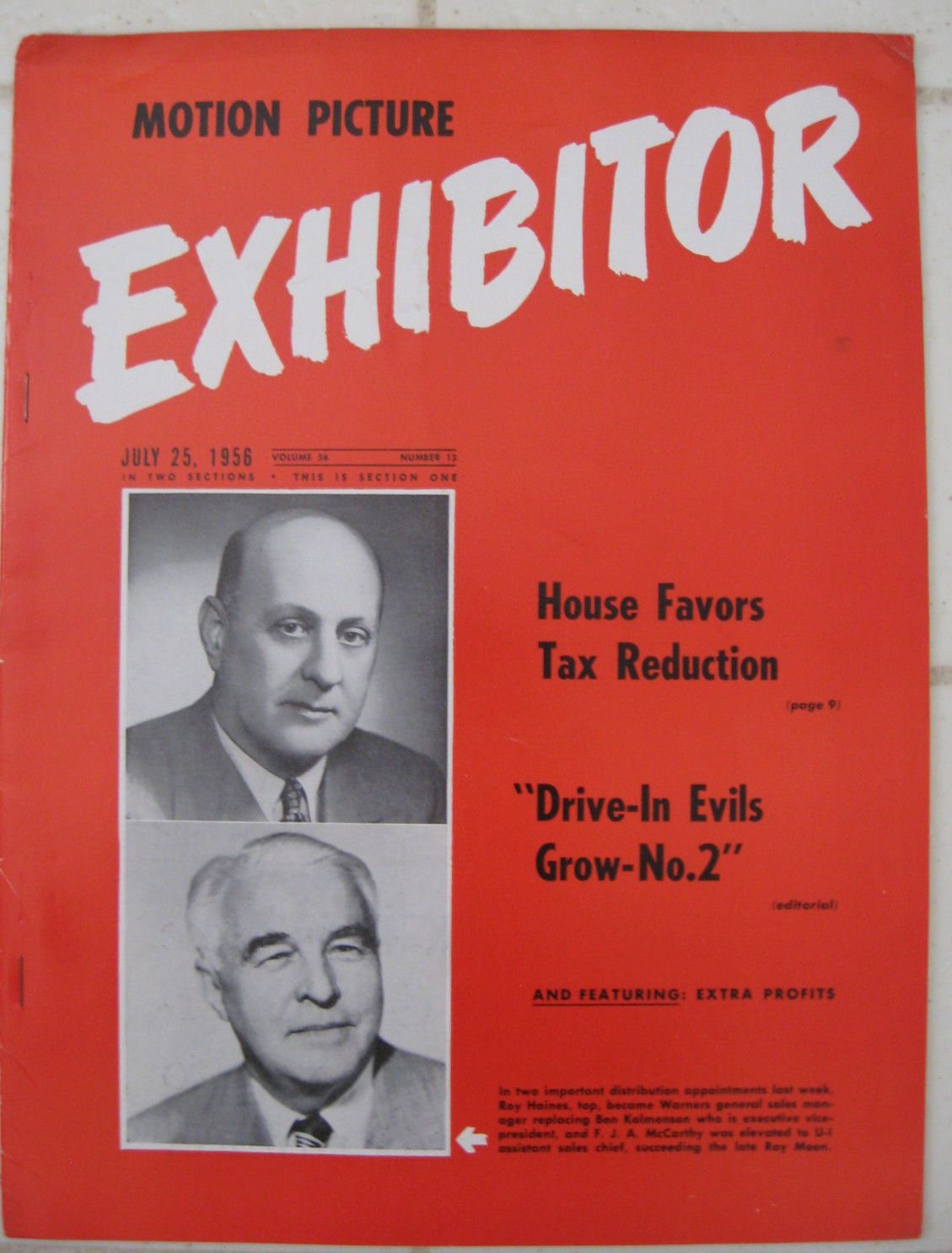 MOTION PICTURE EXHIBITOR magazine side cover 25 July 1956