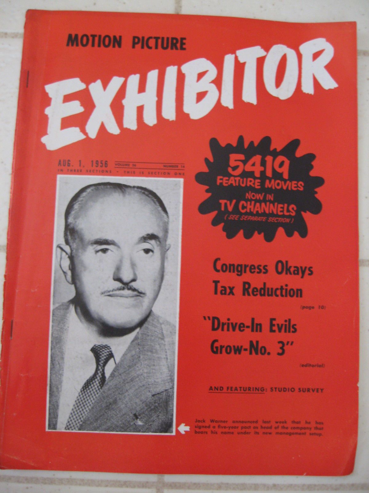 MOTION PICTURE EXHIBITOR magazine side cover 1 August 1956
