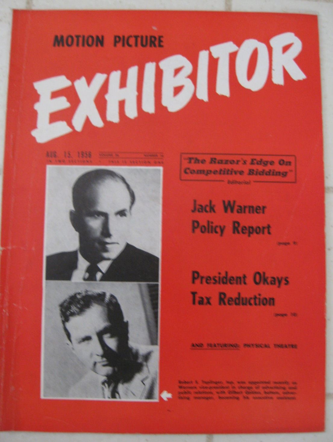 MOTION PICTURE EXHIBITOR magazine side cover 15 August 1956