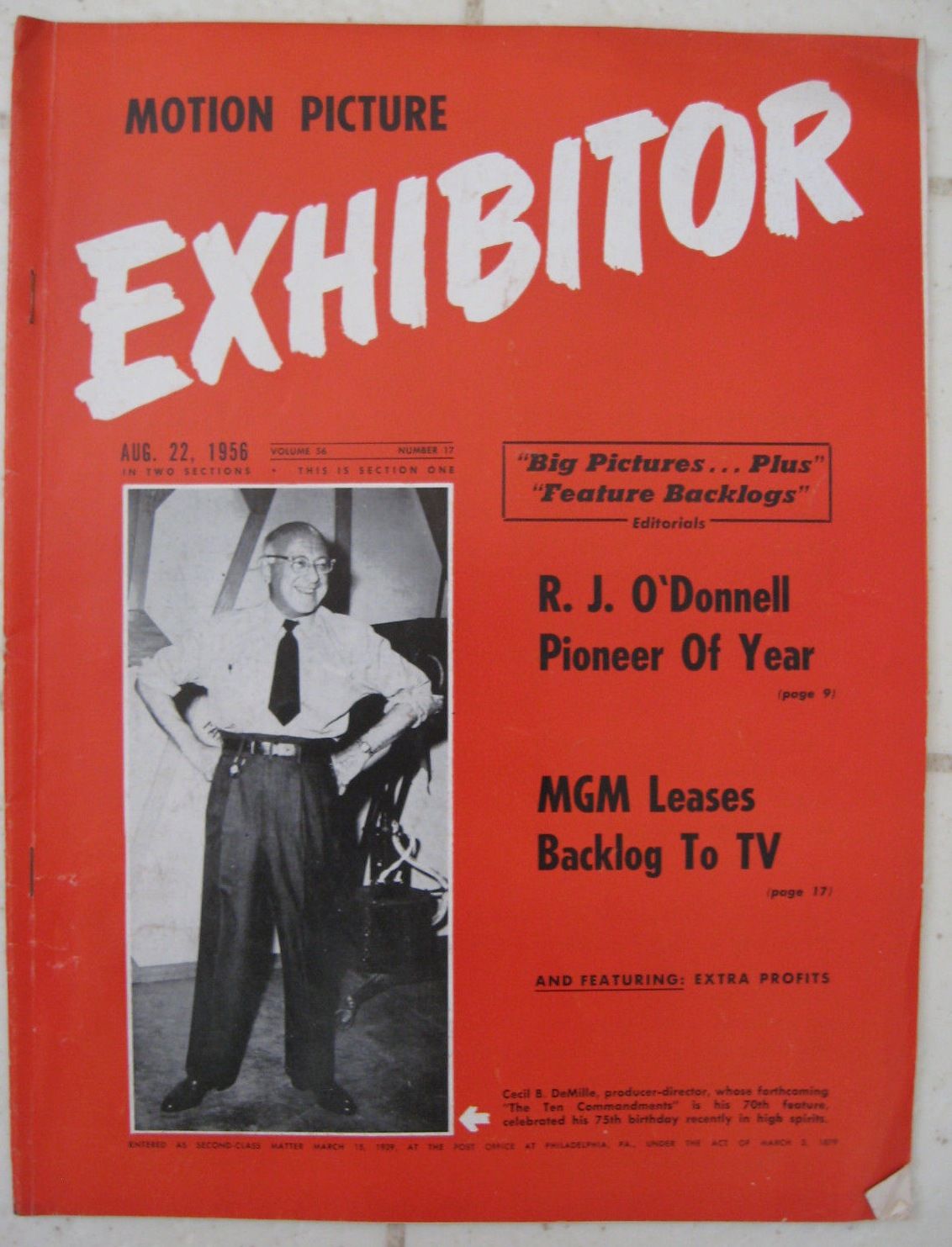 MOTION PICTURE EXHIBITOR magazine side cover 22 August 1956