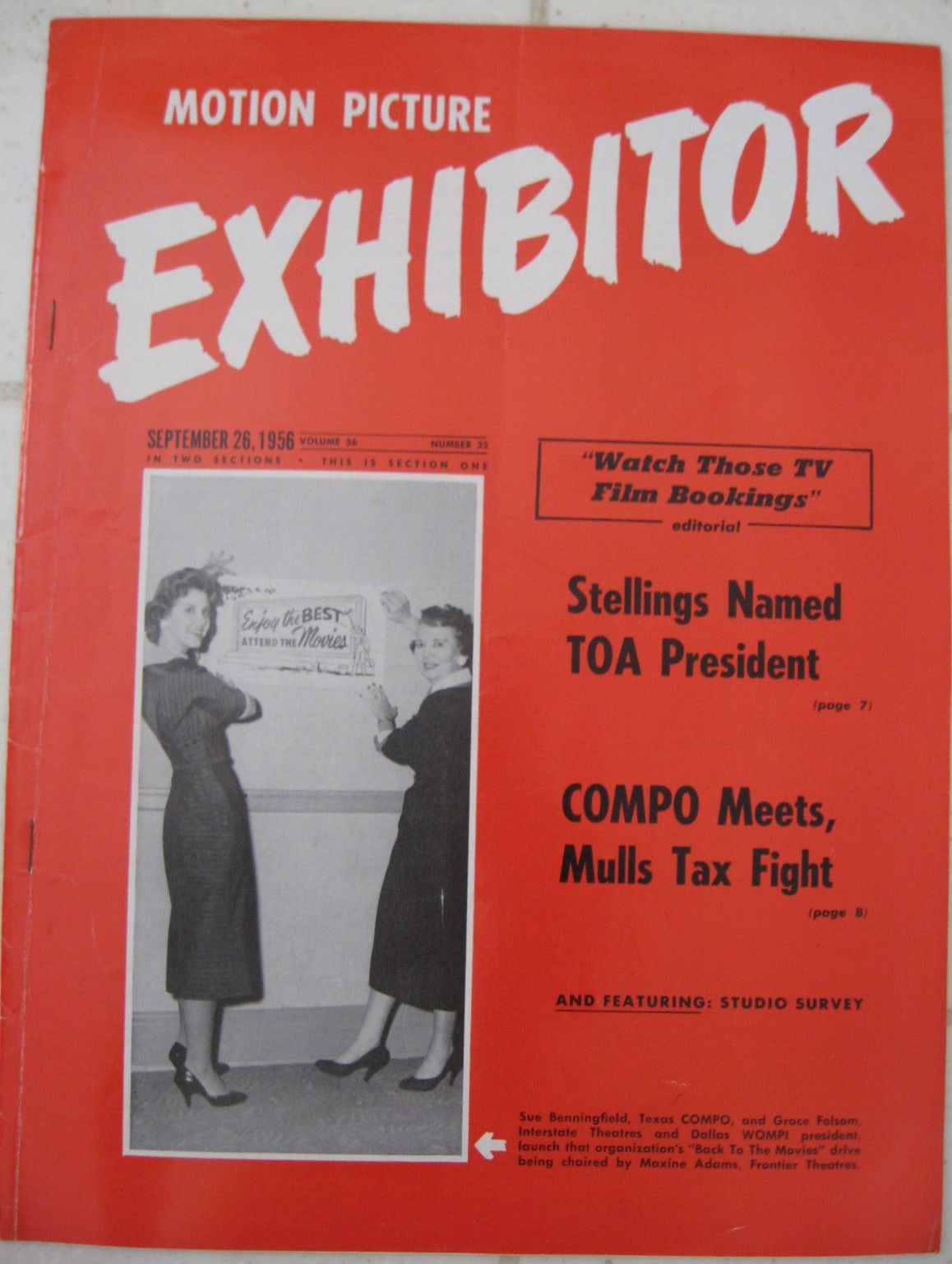 MOTION PICTURE EXHIBITOR magazine side cover 26 September 1956
