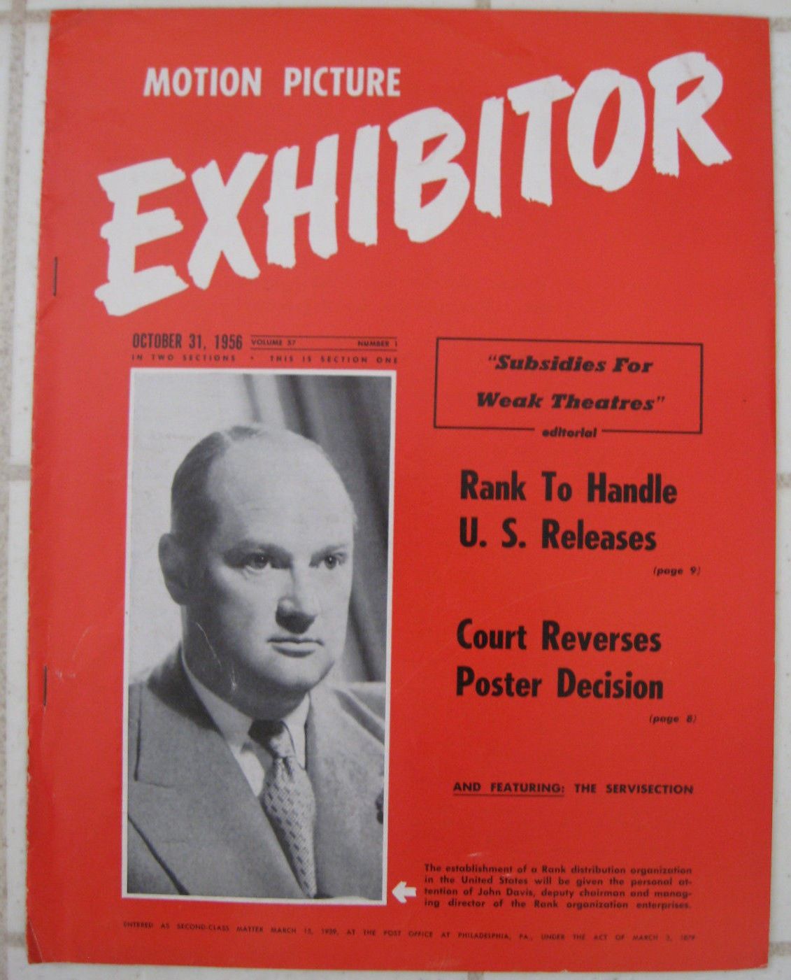 MOTION PICTURE EXHIBITOR magazine side cover 31 October 1956