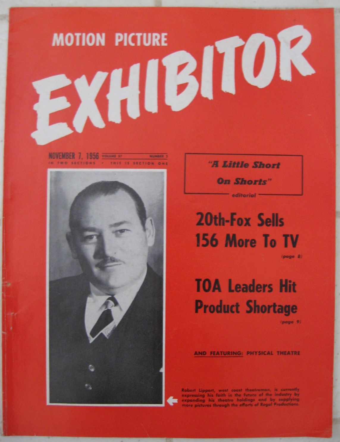 MOTION PICTURE EXHIBITOR magazine side cover 7 November 1956