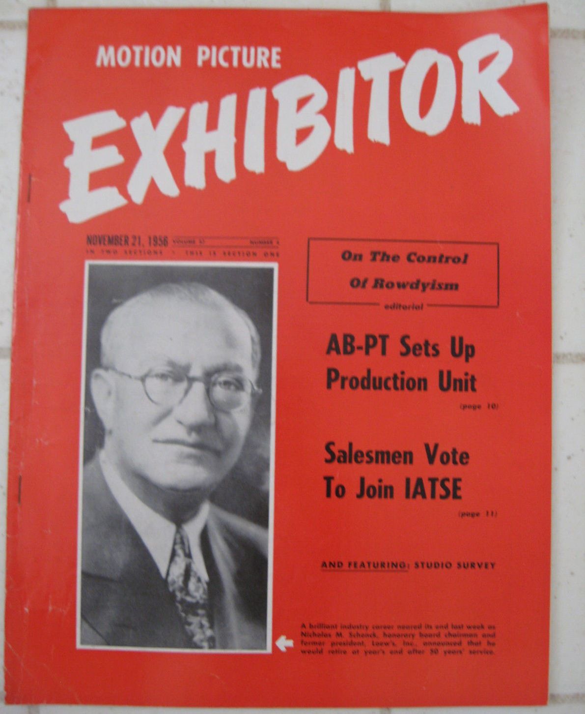 MOTION PICTURE EXHIBITOR magazine side cover 21 November 1956