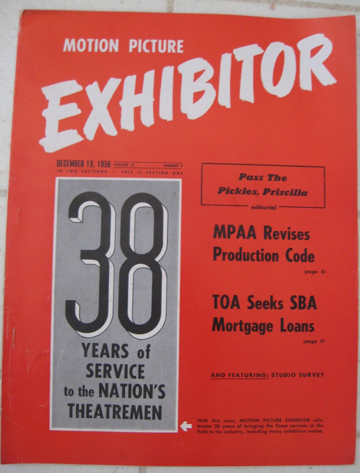 MOTION PICTURE EXHIBITOR magazine side cover 19 December 1956