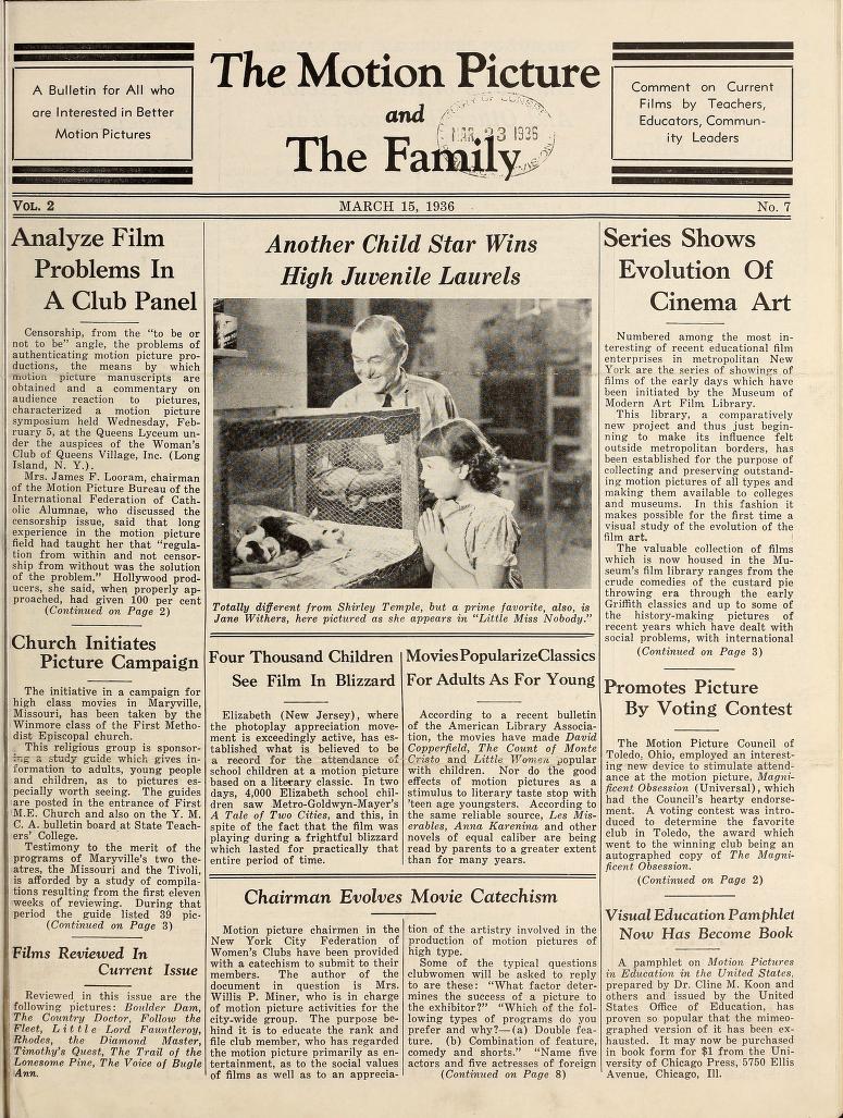 MOTION PICTURE AND THE FAMILY |THE magazine side cover 15 March 1936