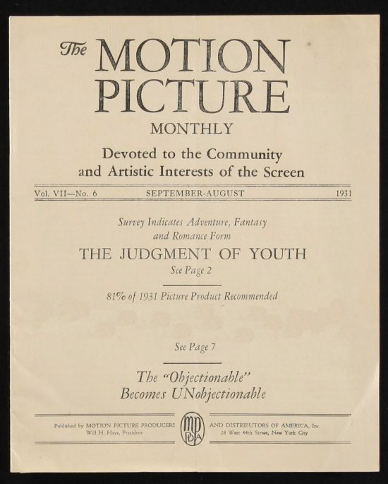 MOTION PICTURE MONTHLY magazine side cover August/September 1931