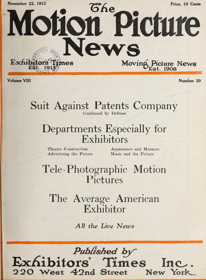MOTION PICTURE NEWS magazine side cover 22 November 1913