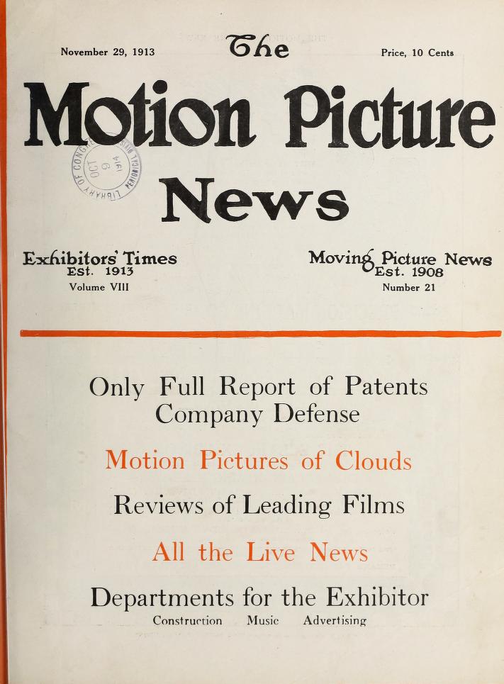 MOTION PICTURE NEWS magazine side cover 29 November 1913