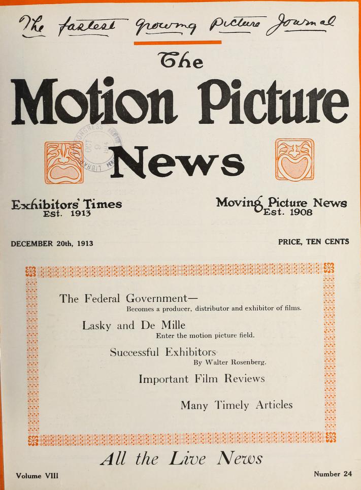 MOTION PICTURE NEWS magazine side cover 20 December 1913
