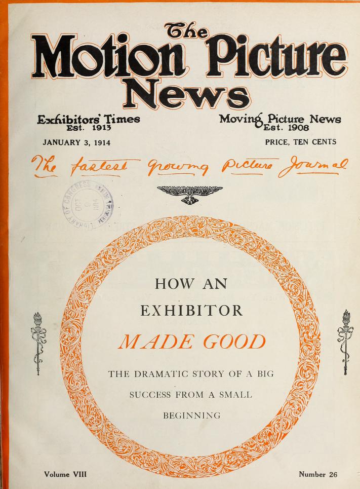 MOTION PICTURE NEWS magazine side cover 3 January 1914