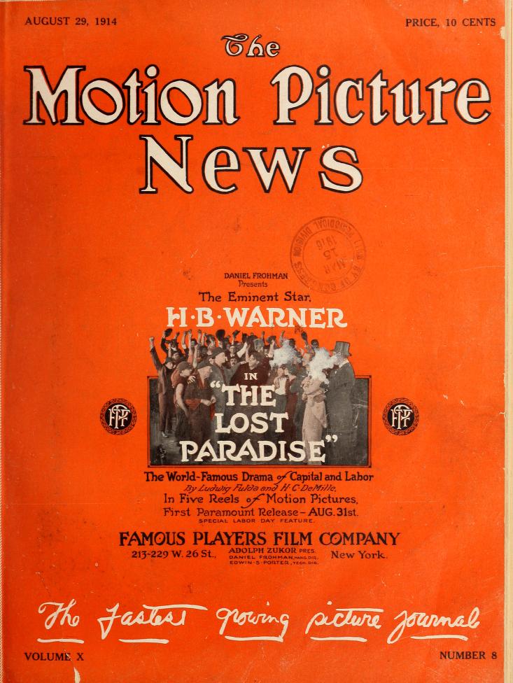 MOTION PICTURE NEWS magazine side cover 29 August 1914