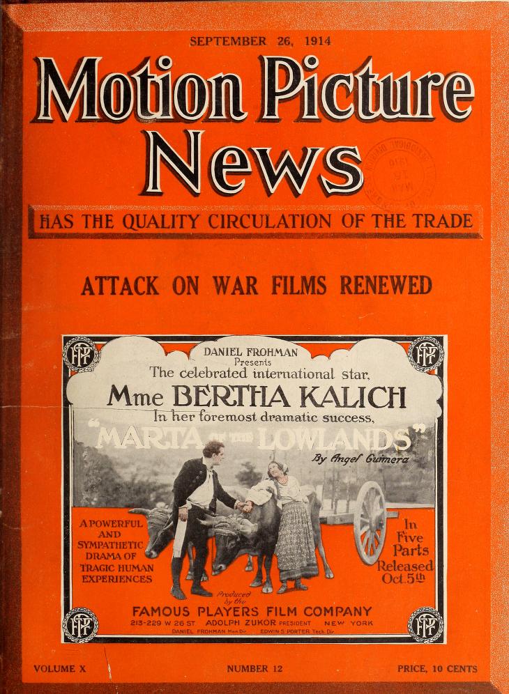MOTION PICTURE NEWS magazine side cover 26 September 1914