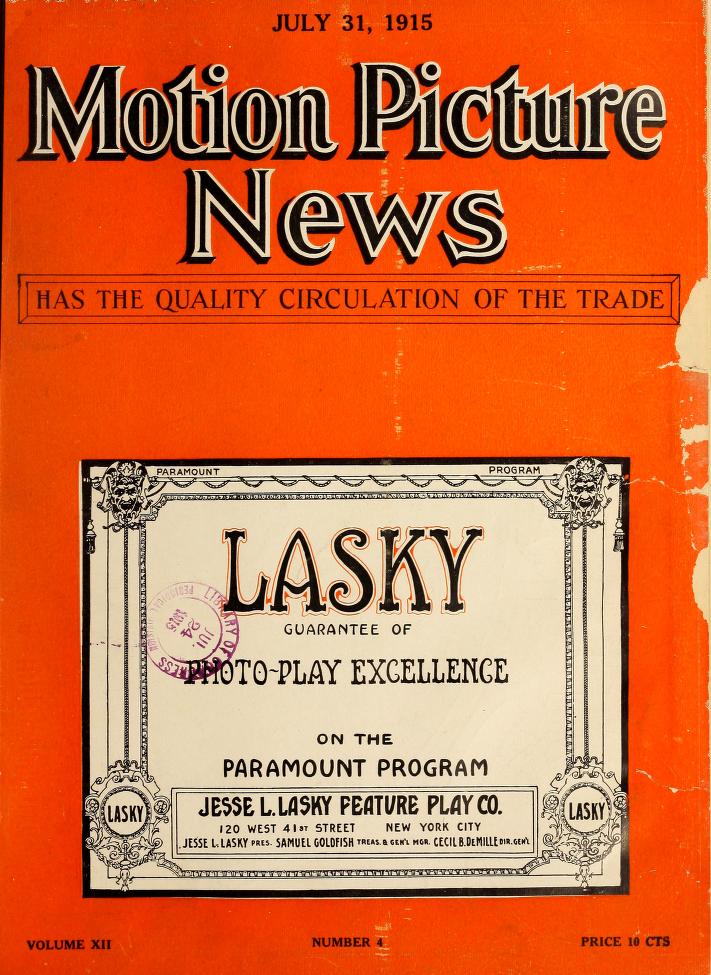 MOTION PICTURE NEWS magazine side cover 31 July 1915